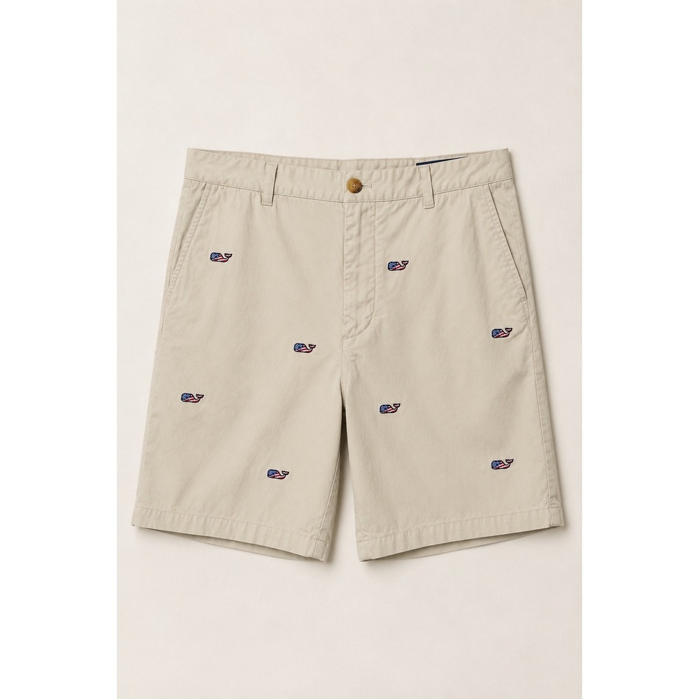 Vineyard Vines Mens 38 Khaki American Flag Whale Embroidered Breaker Shorts Tan